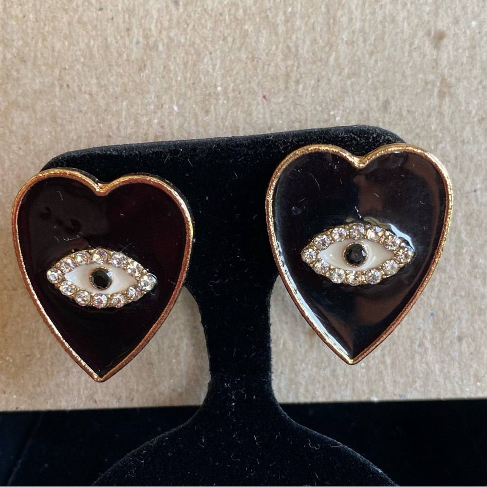 Evil eye heart-shaped pierced earrings.  Approx. 3/4” X 1”